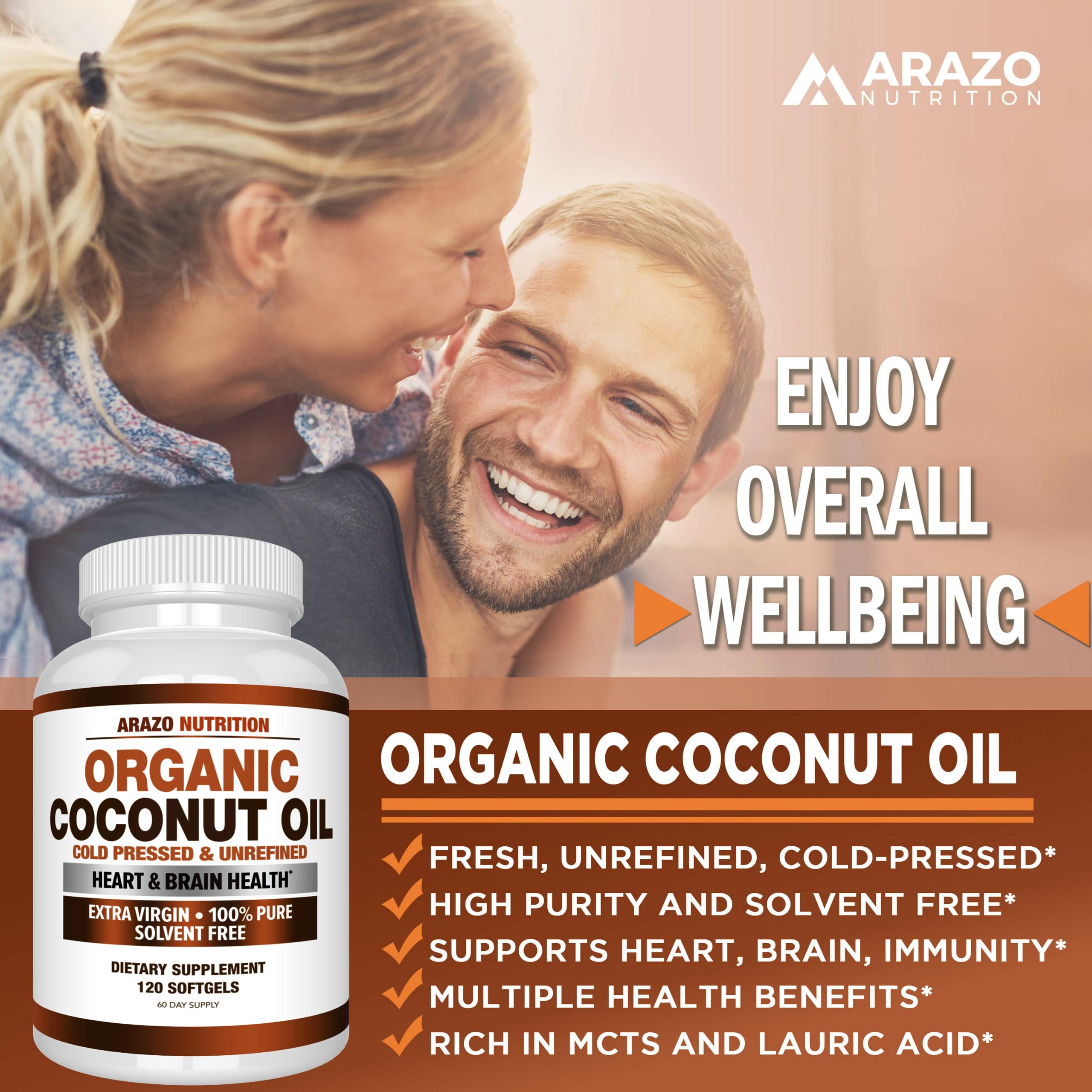 Arazo Nutrition Organic Coconut Oil pour-ready capsule image for easy daily integration.
