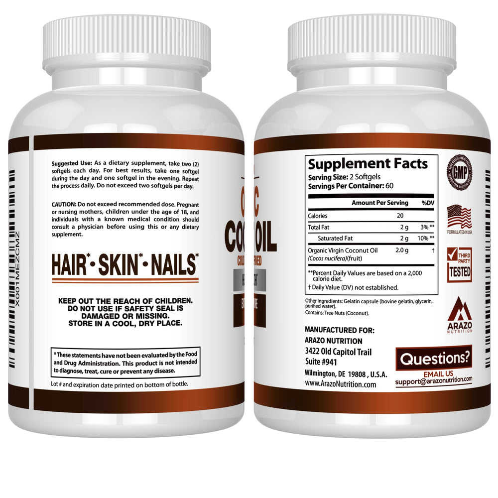 Arazo Nutrition Organic Coconut Oil softgel capsule close-up, convenient source of natural fatty acids.