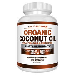 Arazo Nutrition Organic Coconut Oil 2000mg softgel capsules in a bottle for convenient daily use.