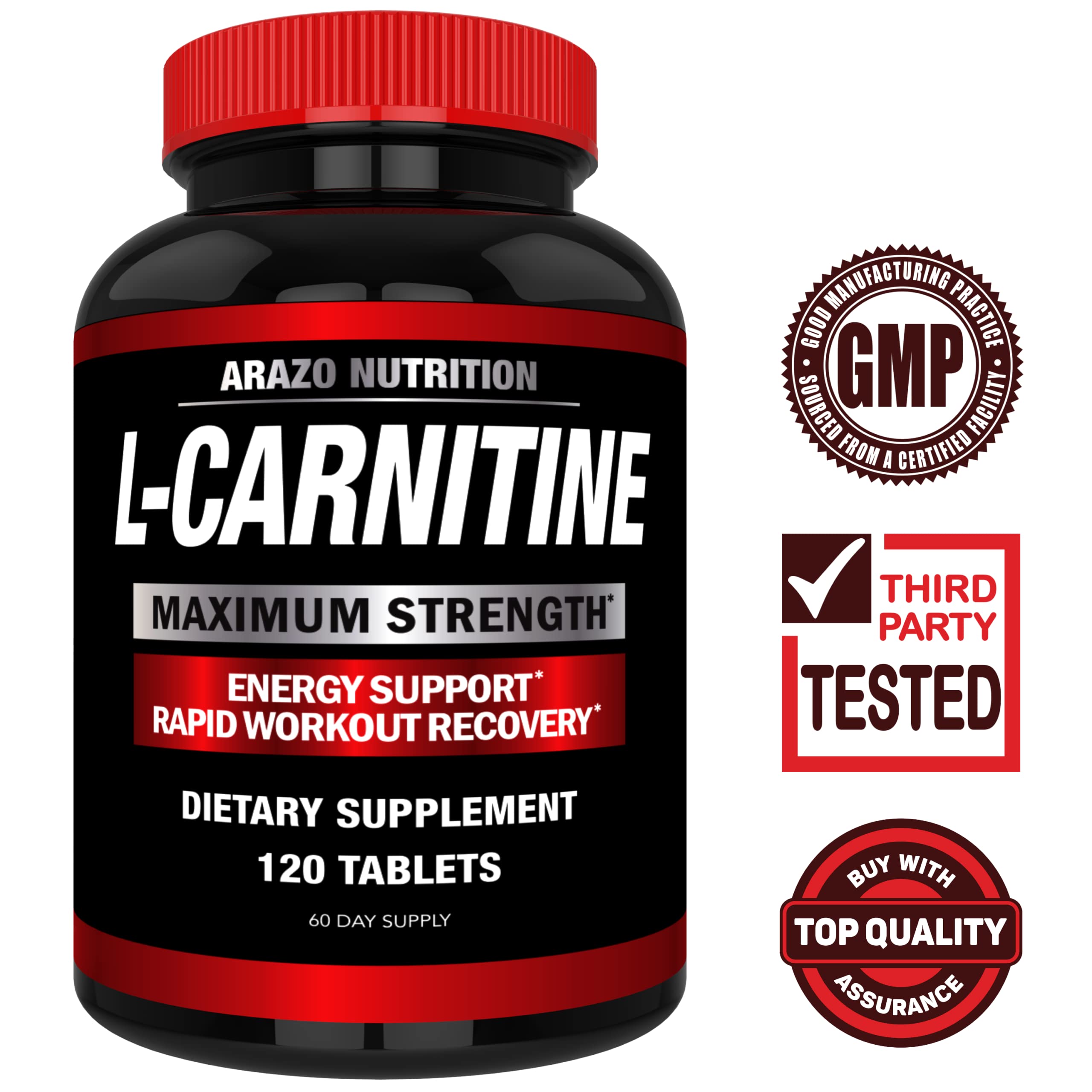 Close-up of Arazo Nutrition L-Carnitine bottle cap highlighting calcium-enhanced formula benefits.