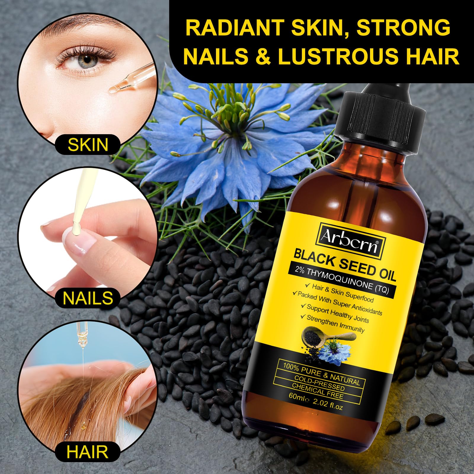 ARBCRN black seed oil rich in thymoquinone for multi-use care.