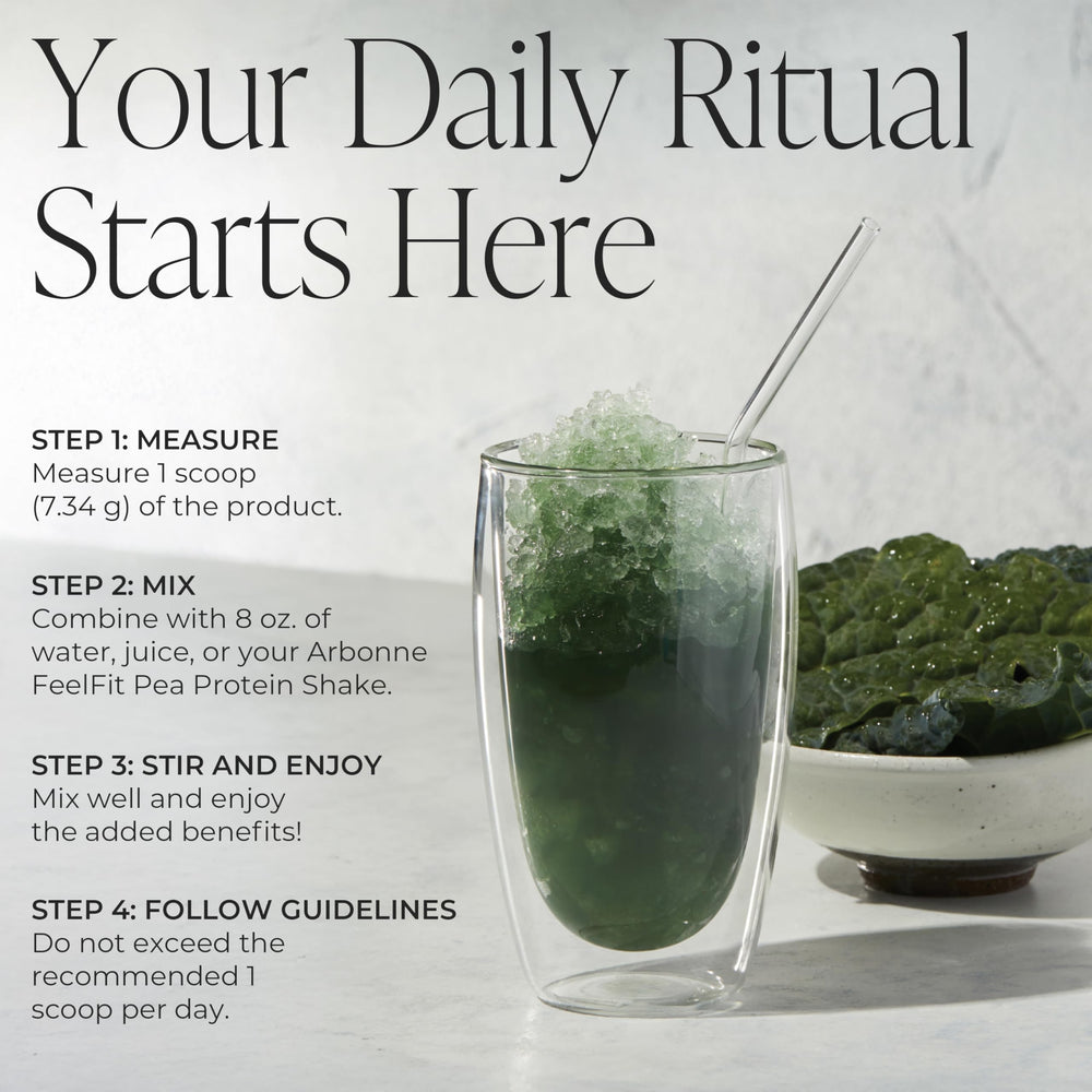 Close-up of blue-green algae blend in BeWell greens powder highlighting phytonutrient-rich blend.