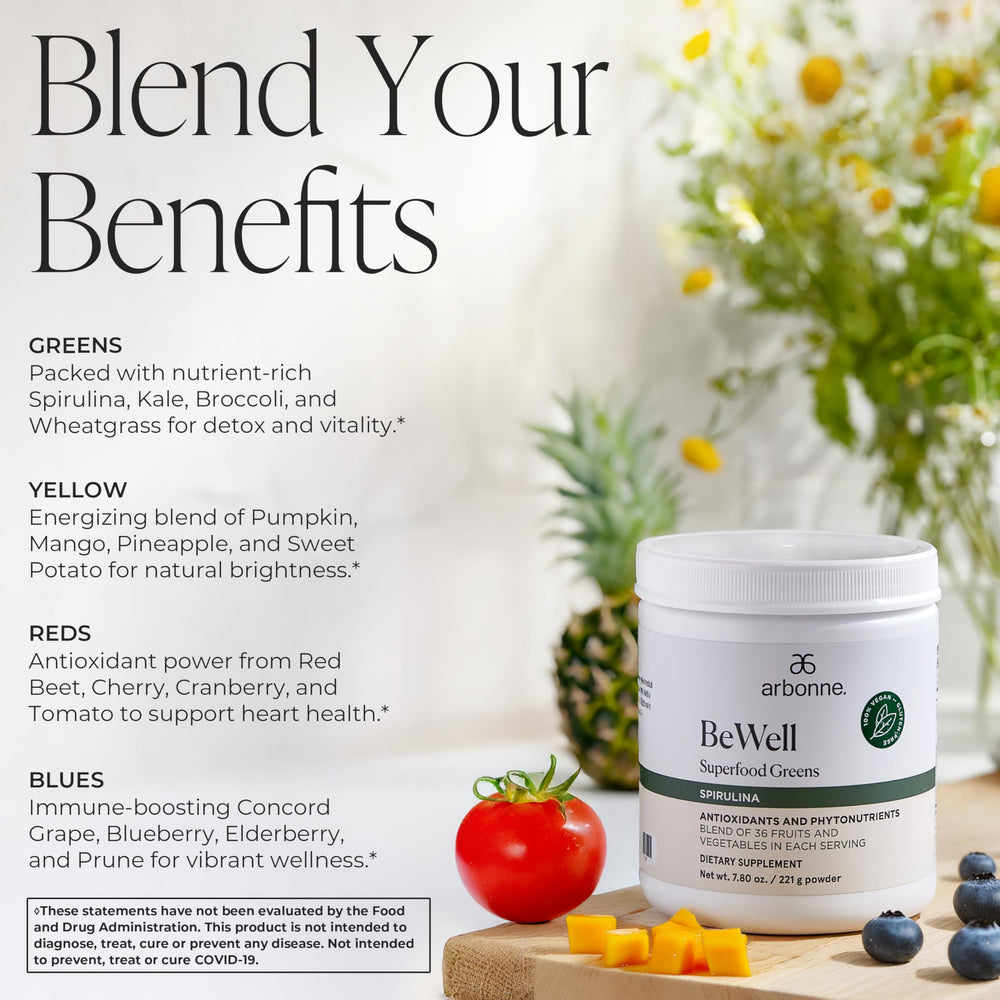 Glass of BeWell greens shake prepared with Arbonne powder for daily nutrition.