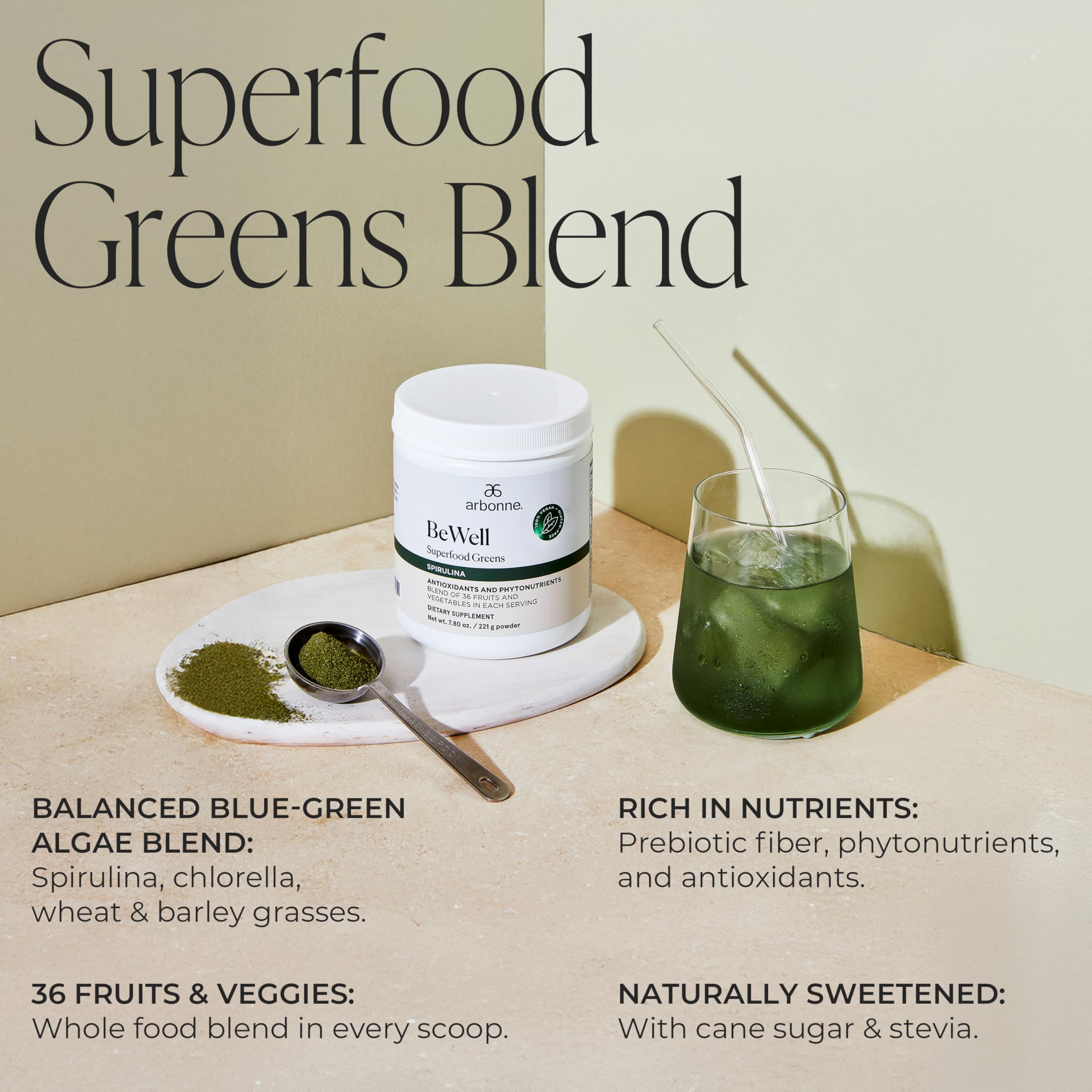 BeWell Greens powder scoop ready to mix for a quick nutrient boost.