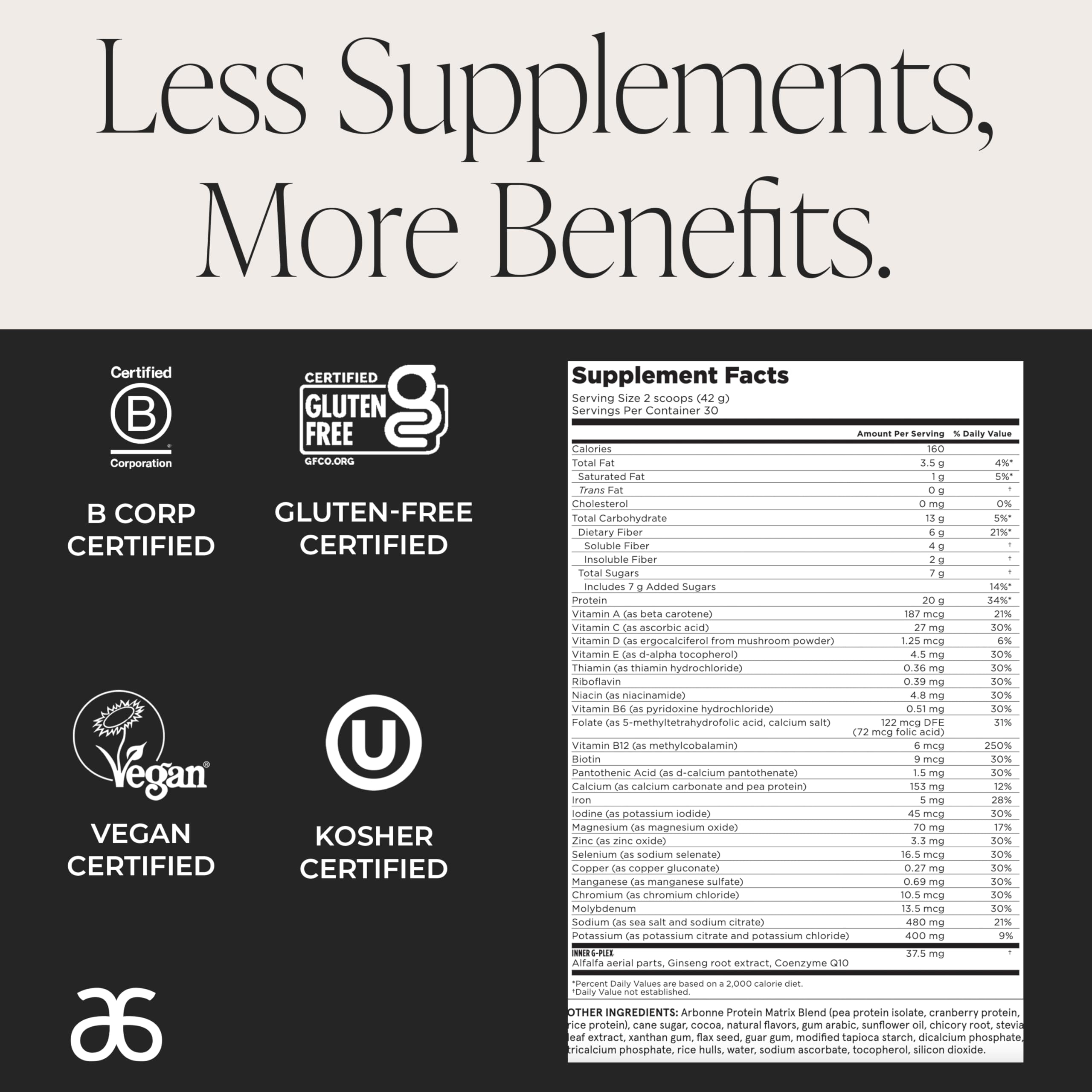Arbonne Feelfit pea protein shake chocolate ingredients label—24 vitamins and minerals included.