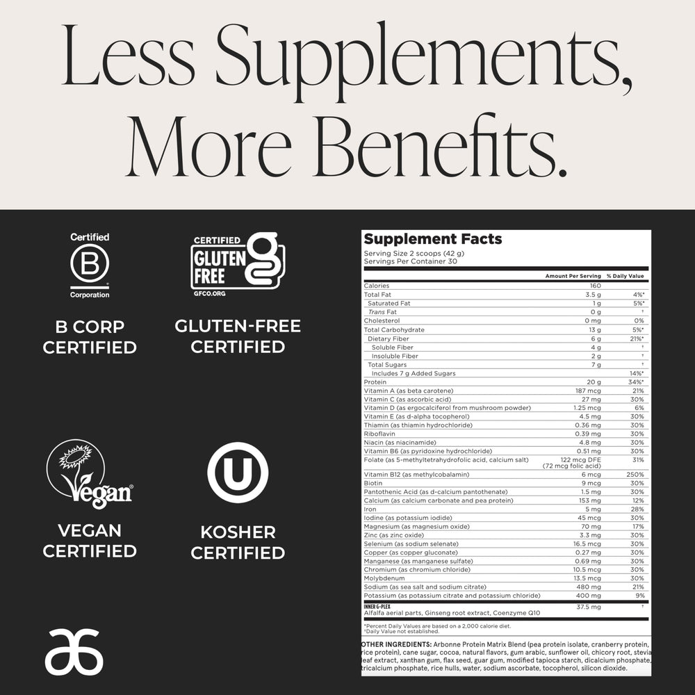 Arbonne Feelfit pea protein shake chocolate ingredients label—24 vitamins and minerals included.