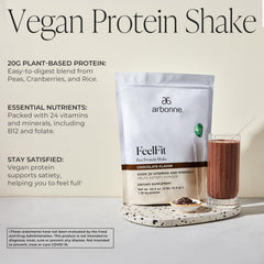 Arbonne Feelfit pea protein shake chocolate scoop—easy to measure for quick fueling.