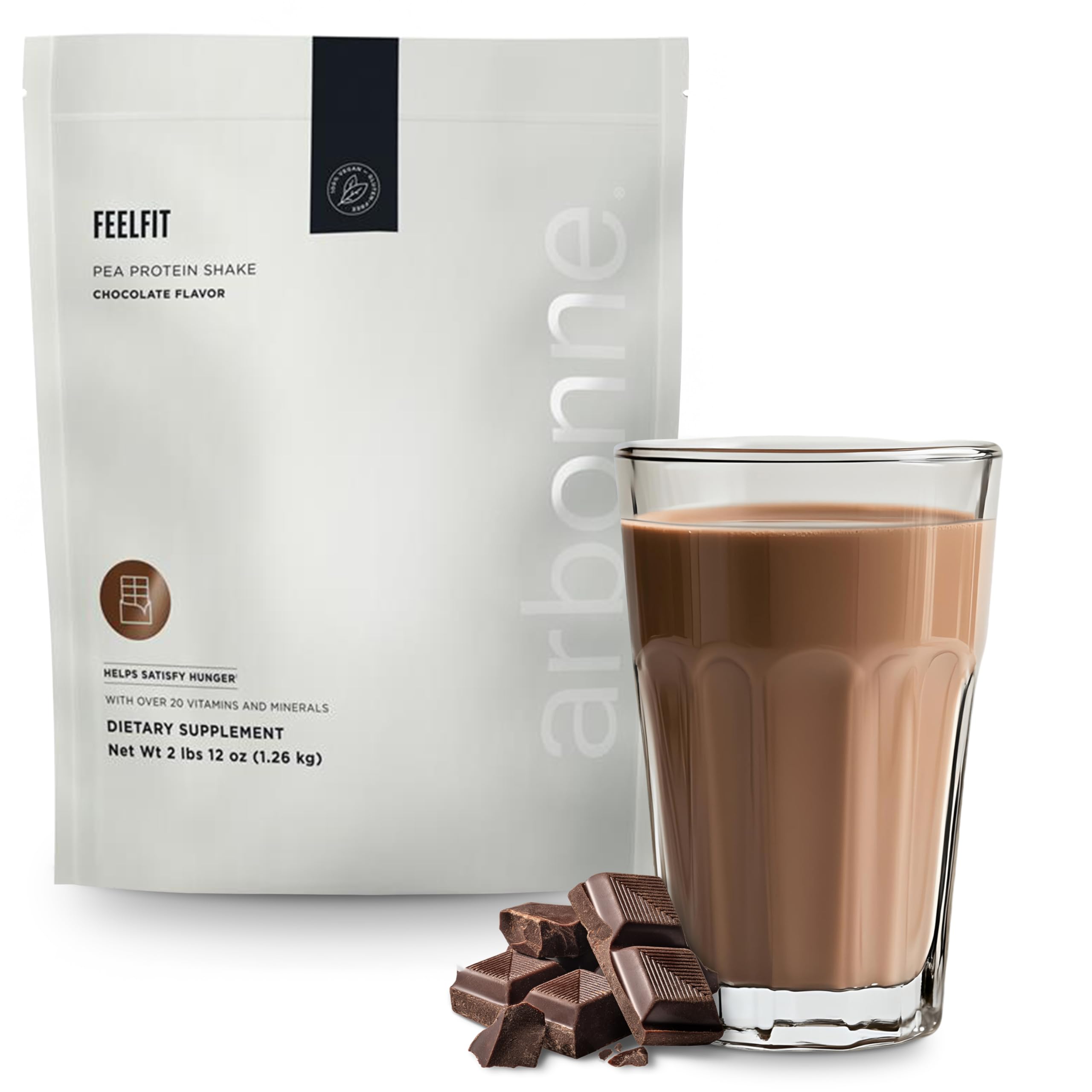 Arbonne Feelfit pea protein shake chocolate tub—plant-based protein for daily energy.