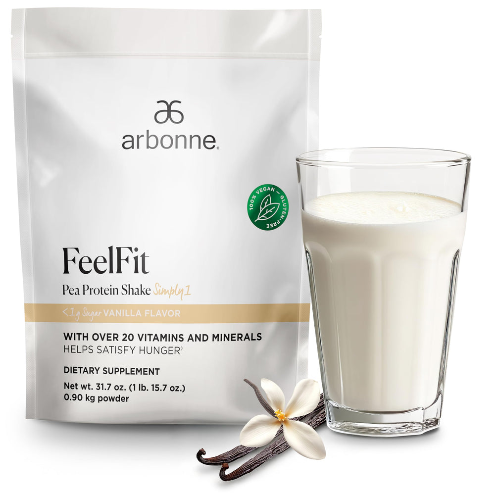 Arbonne Feelfit vanilla bottle highlighting plant-based protein for daily energy and wellness.