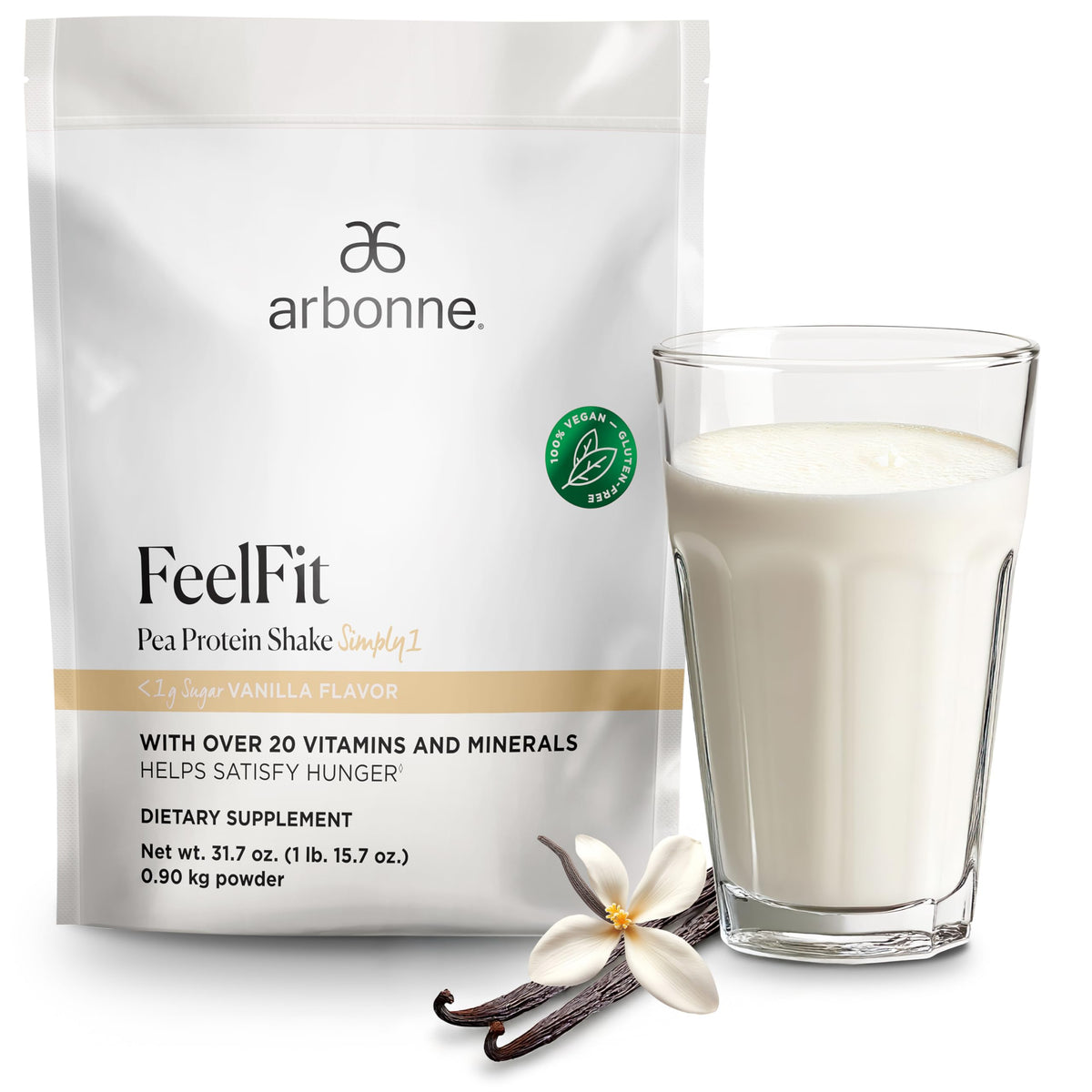 Arbonne Feelfit vanilla bottle highlighting plant-based protein for daily energy and wellness.