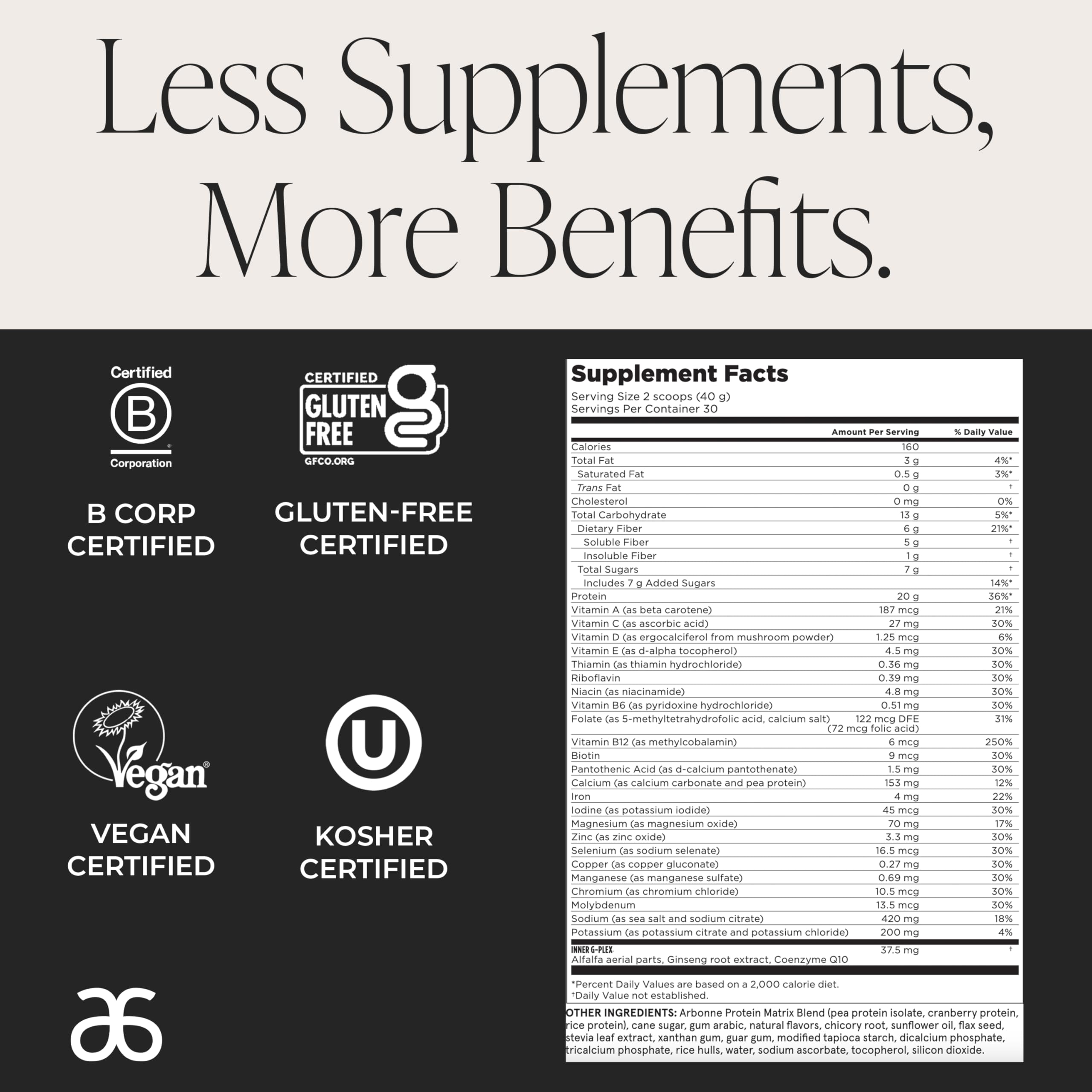 Arbonne Feelfit vanilla nutrition label emphasizing 20g protein and essential vitamins.