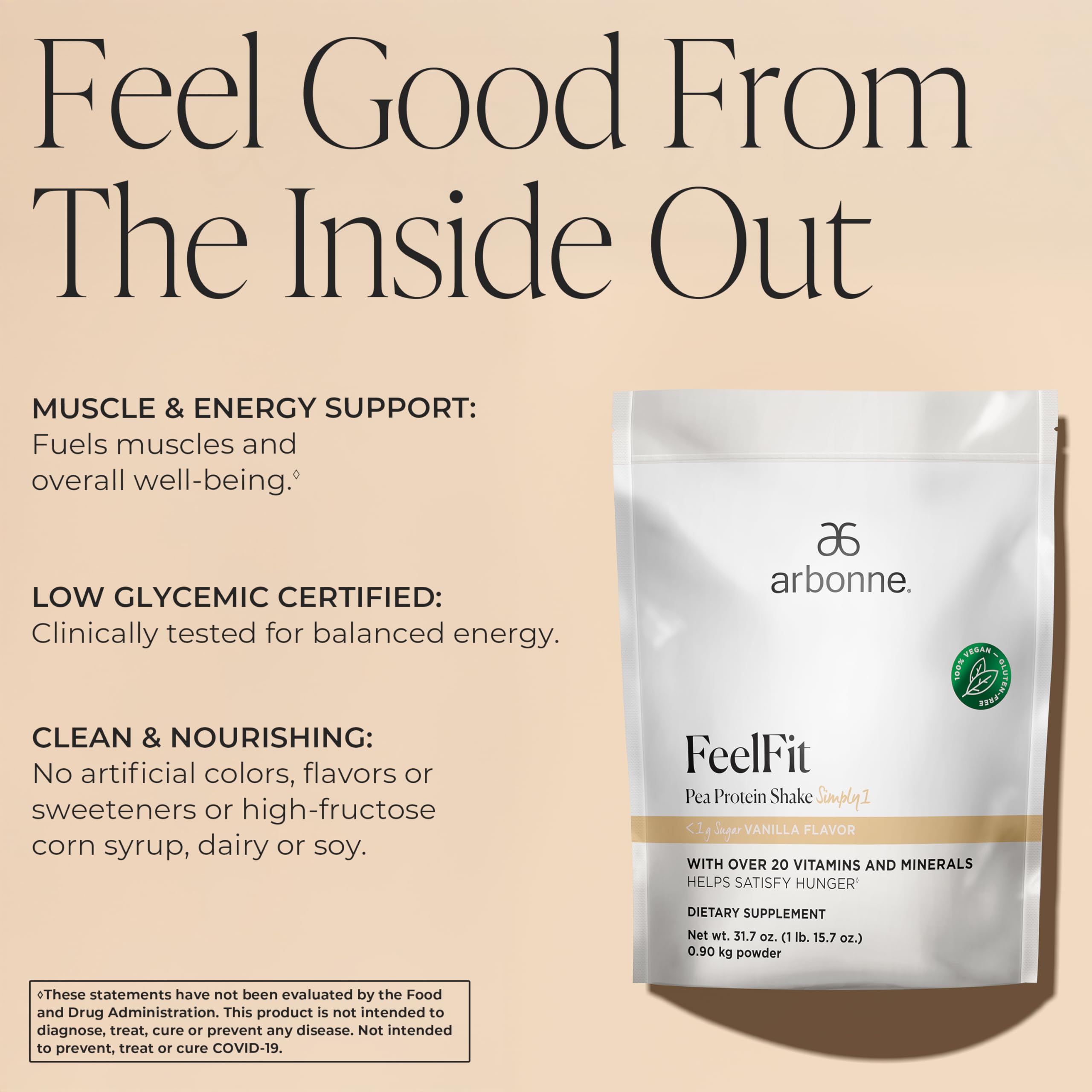 Arbonne Feelfit vanilla scoop indicating convenient serving for balanced nutrition.
