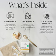 Glass of Arbonne Gut Health drink highlighting ginger-chamomile flavor for digestion support.