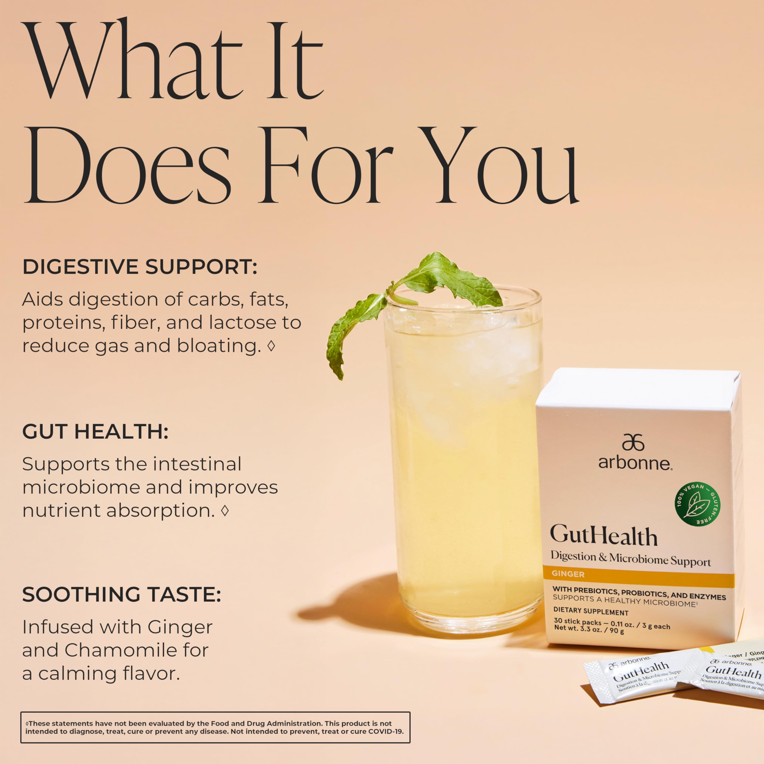 Stirring Arbonne Gut Health drink mix shows quick, convenient daily use.