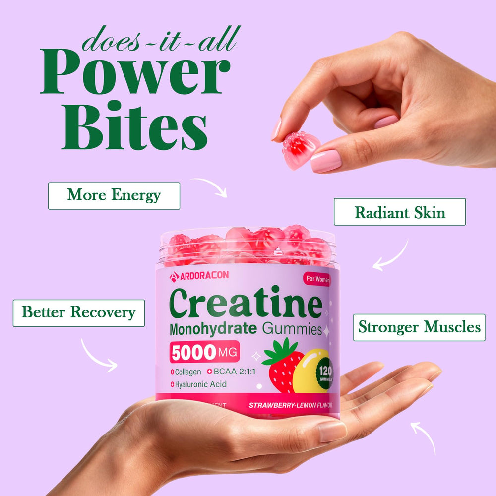 ARDORACON women's creatine gummies pack demonstrates simple daily supplementation for workouts.