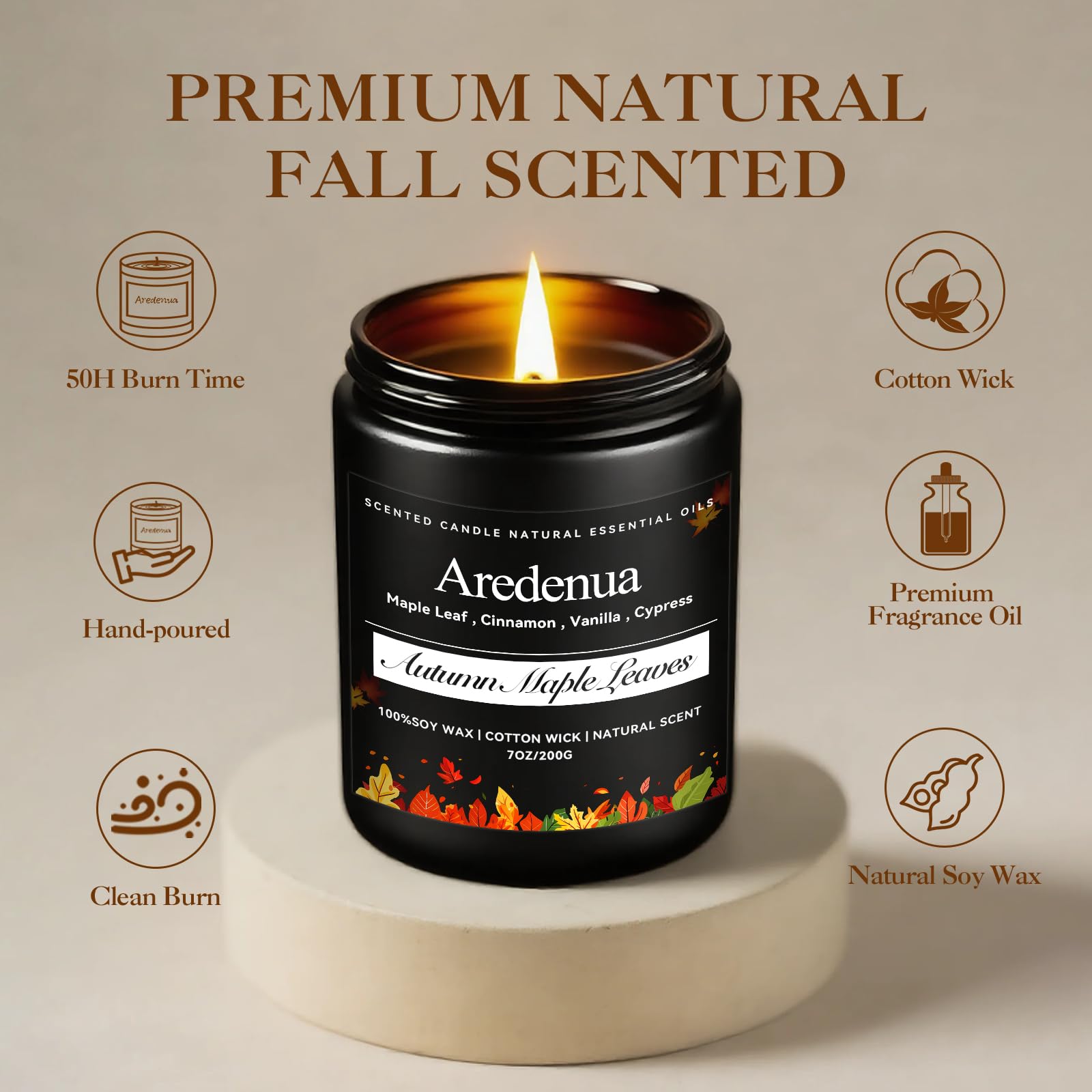 Aredenua Autumn Leaves candle lit at dusk creates warm glow.