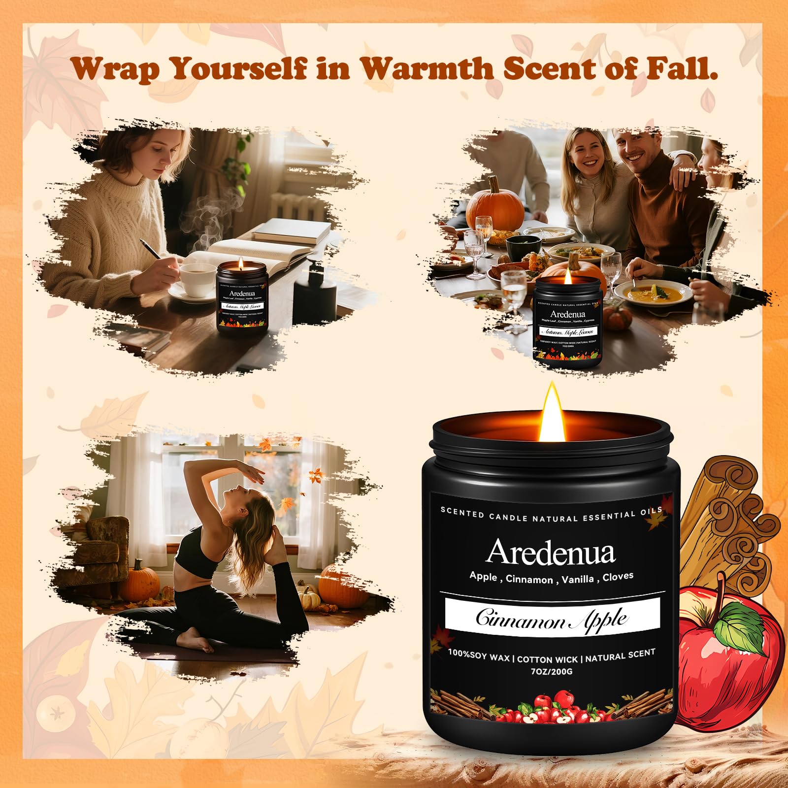 Aredenua Cinnamon Apple Candle on a nightstand enhances evening routines with comforting aroma