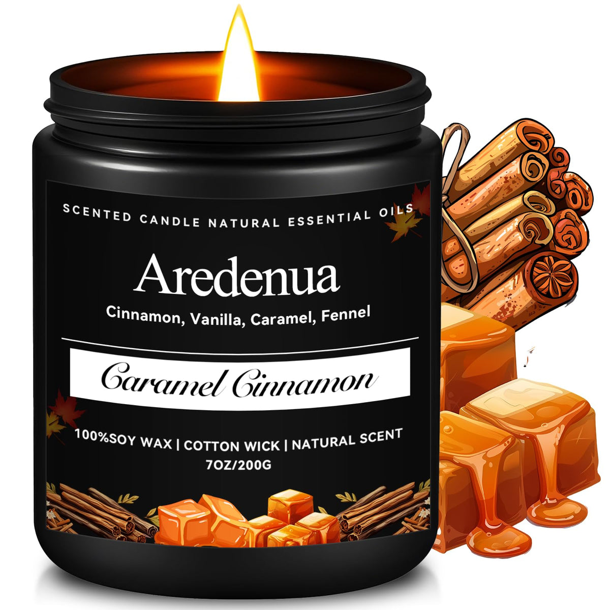 Aredenua Caramel Cinnamon candle jar front view creates cozy living room ambiance.