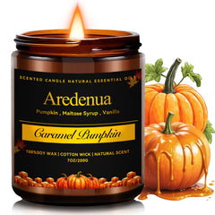 Aredenua Caramel Pumpkin Candle in an amber jar for festive warmth and cozy gatherings.