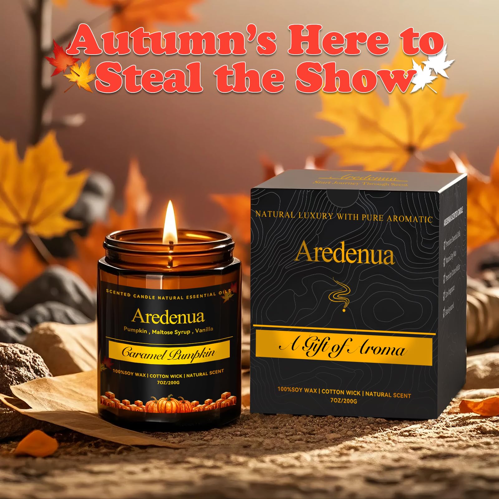 Aredenua candle close-up on wax reveals smooth burn and inviting caramel-pumpkin scent.