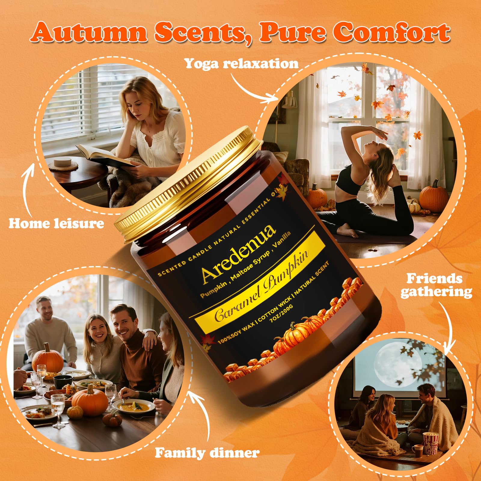 Aredenua Caramel Pumpkin Candle beside holiday décor inspires seasonal moments.
