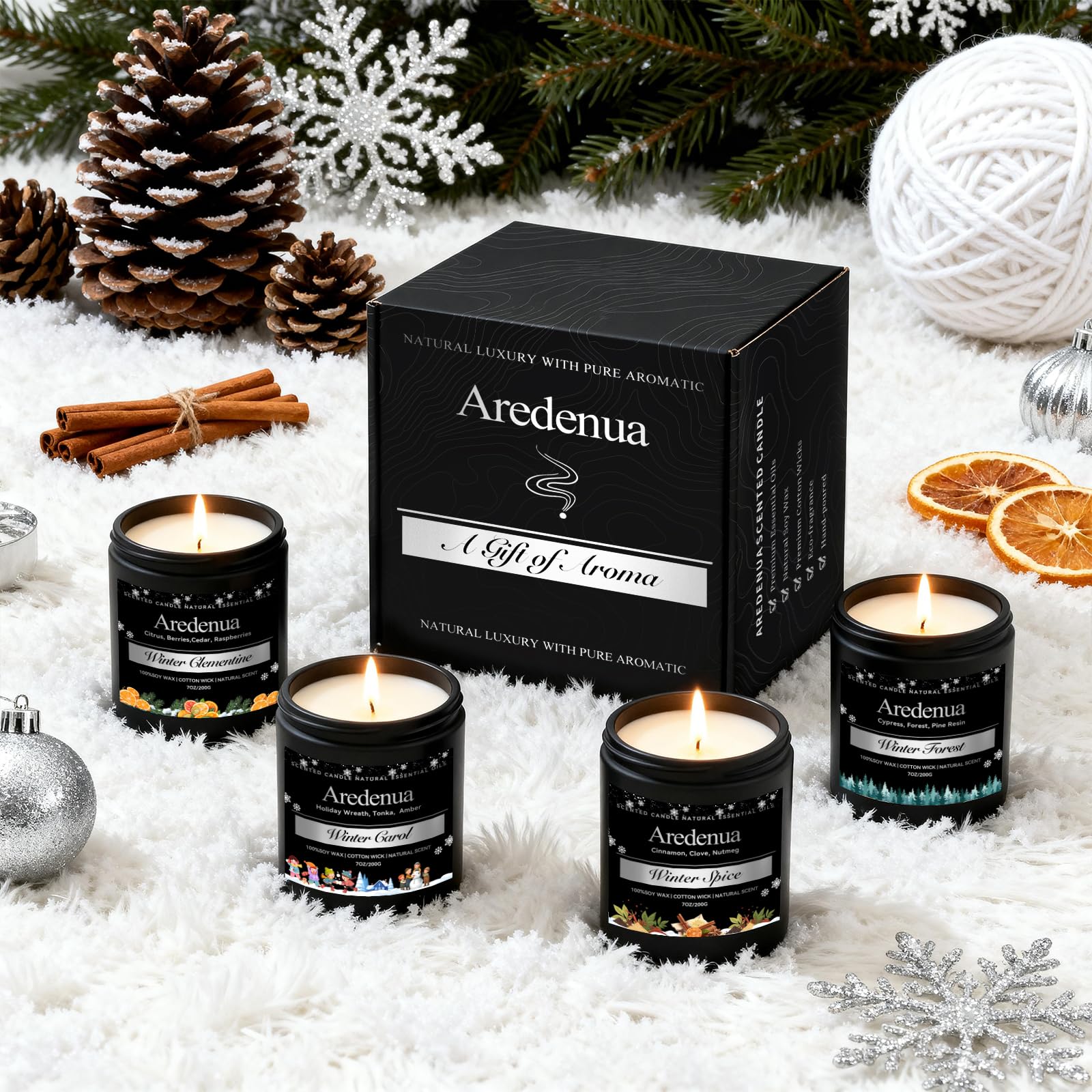 Aredenua Forest candle burning in a living room for a fresh evergreen mood.