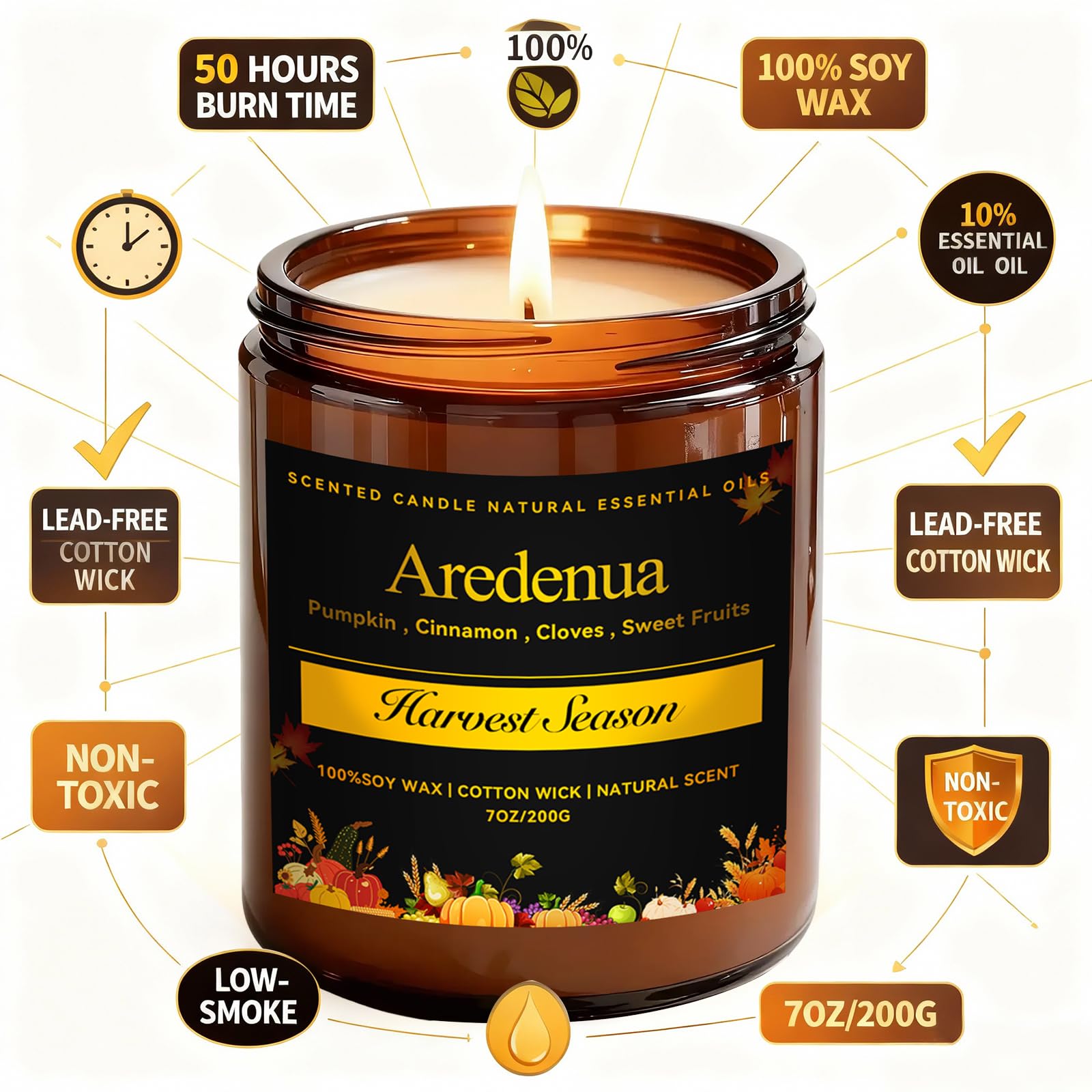Aredenua Harvest Season Candle with cotton wick offers a clean, steady burn for cozy evenings.