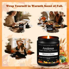 Aredenua Harvest Season Candle room ambience demonstrates warm lighting in a living space.