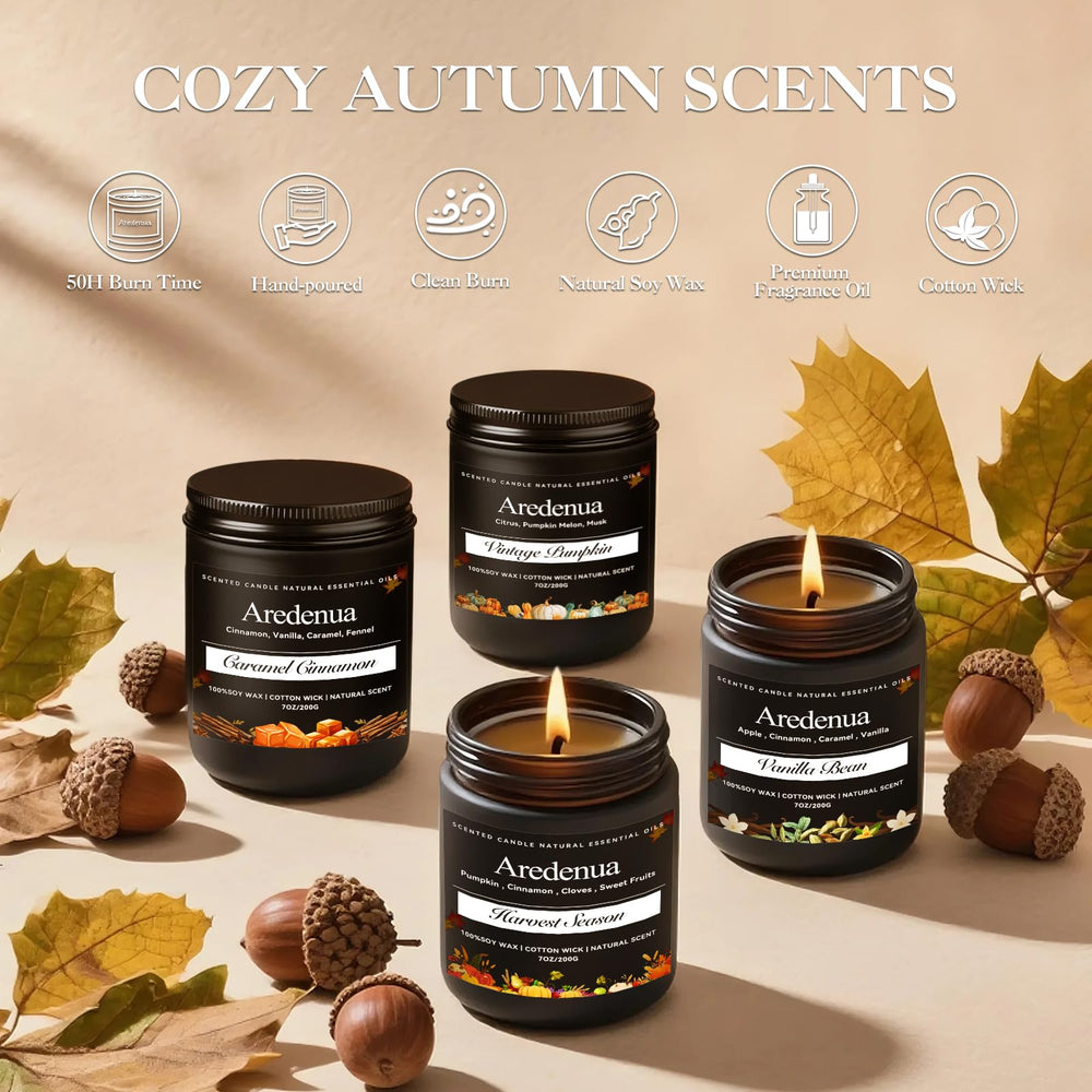 Aredenua Harvest Season Candle soy-wax feature underscores eco-friendly materials.