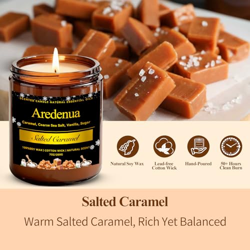 Aredenua Salted Caramel Candle closeup highlights rich caramel notes and smooth soy wax.