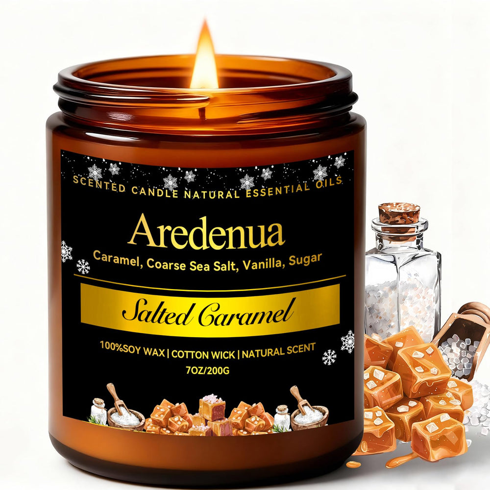 Aredenua Salted Caramel Candle jar glows warmly, creating cozy ambiance in any space.