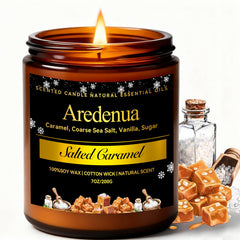 Aredenua Salted Caramel Candle jar glows warmly, creating cozy ambiance in any space.
