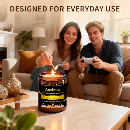 Aredenua Salted Caramel Candle in living room setup emphasizes soothing scent for relaxation.