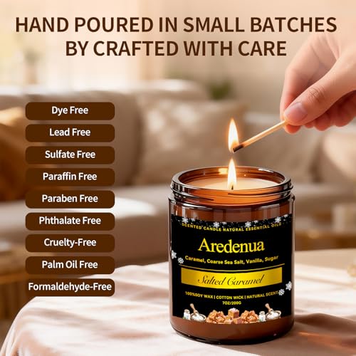 Aredenua Salted Caramel Candle wick closeup, lead-free cotton wick for clean, even burning.