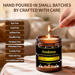 Aredenua Salted Caramel Candle wick closeup, lead-free cotton wick for clean, even burning.
