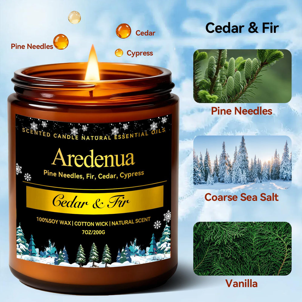 Aredenua soy-wax cedar-fir candle with clean burn.