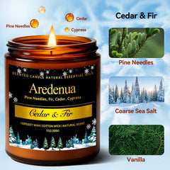 Aredenua soy-wax cedar-fir candle with clean burn.