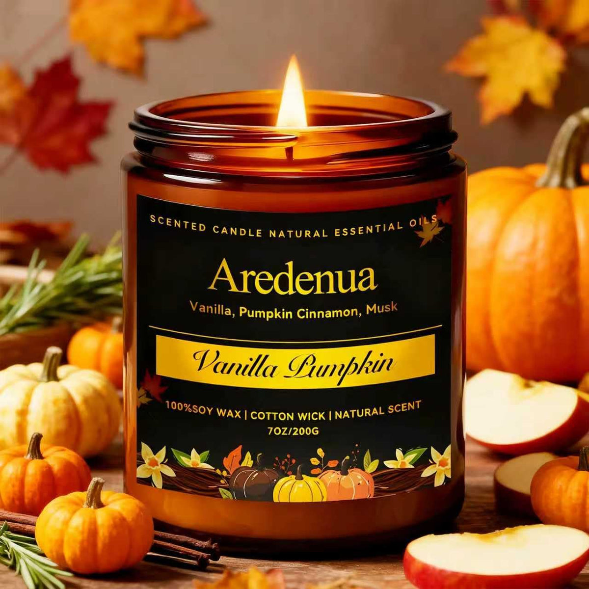 Aredenua Vanilla Pumpkin Candle jar glows warmly for cozy Christmas ambiance.
