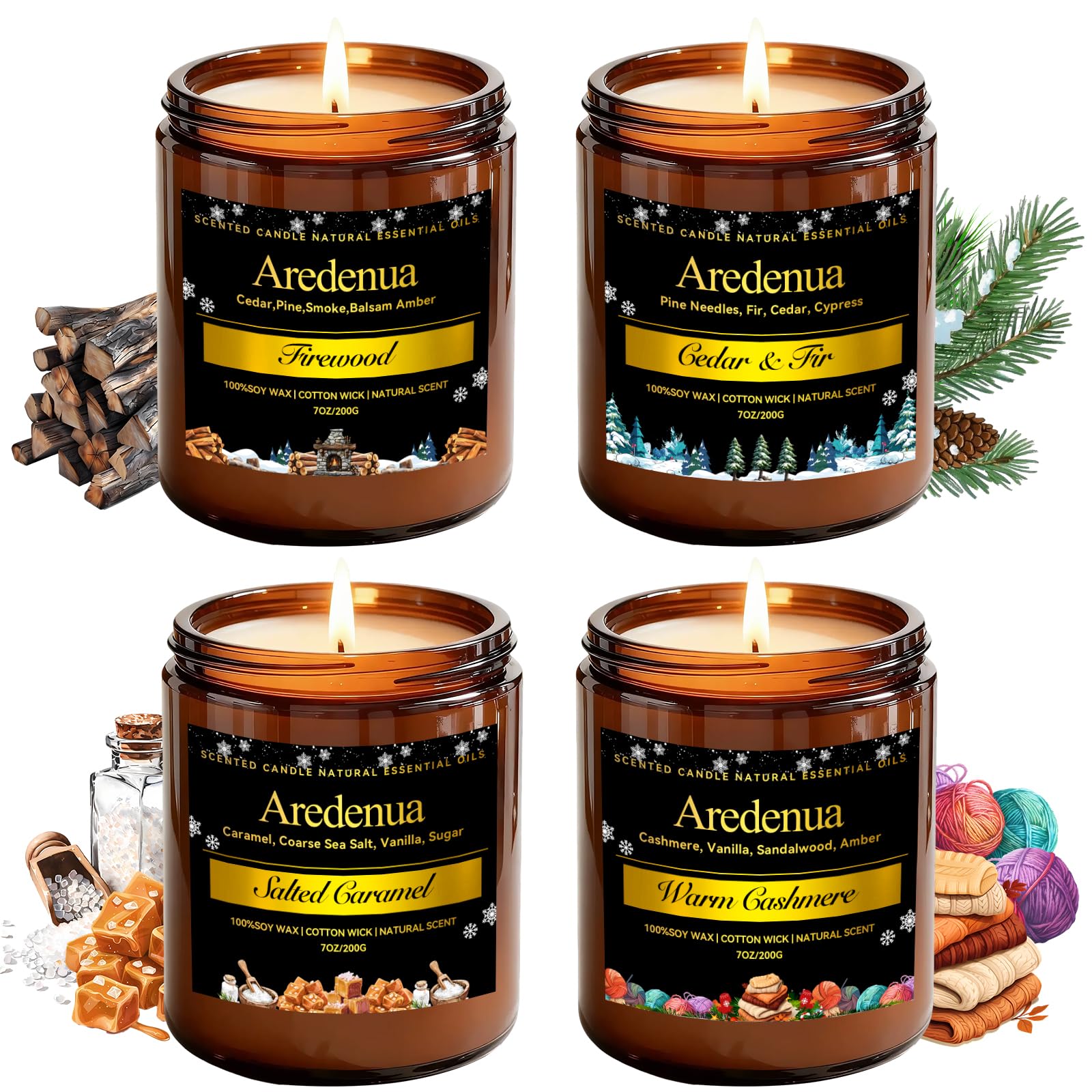 Aredenua Firewood candle in a jar, cozy ambience for game nights and living room warmth.