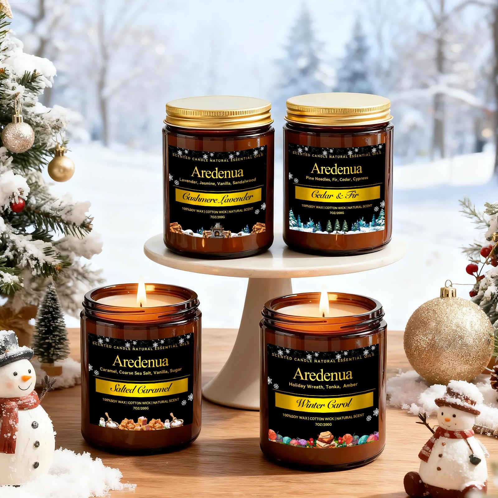 Aredenua winter-decor candle adds subtle festive warmth.