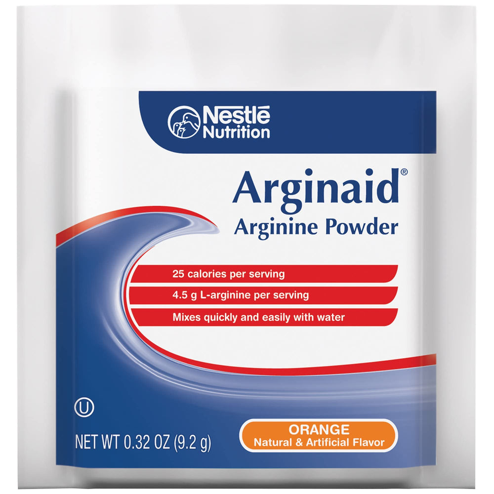 Arginaid powder showcases L-arginine and vitamins C and E for daily support.