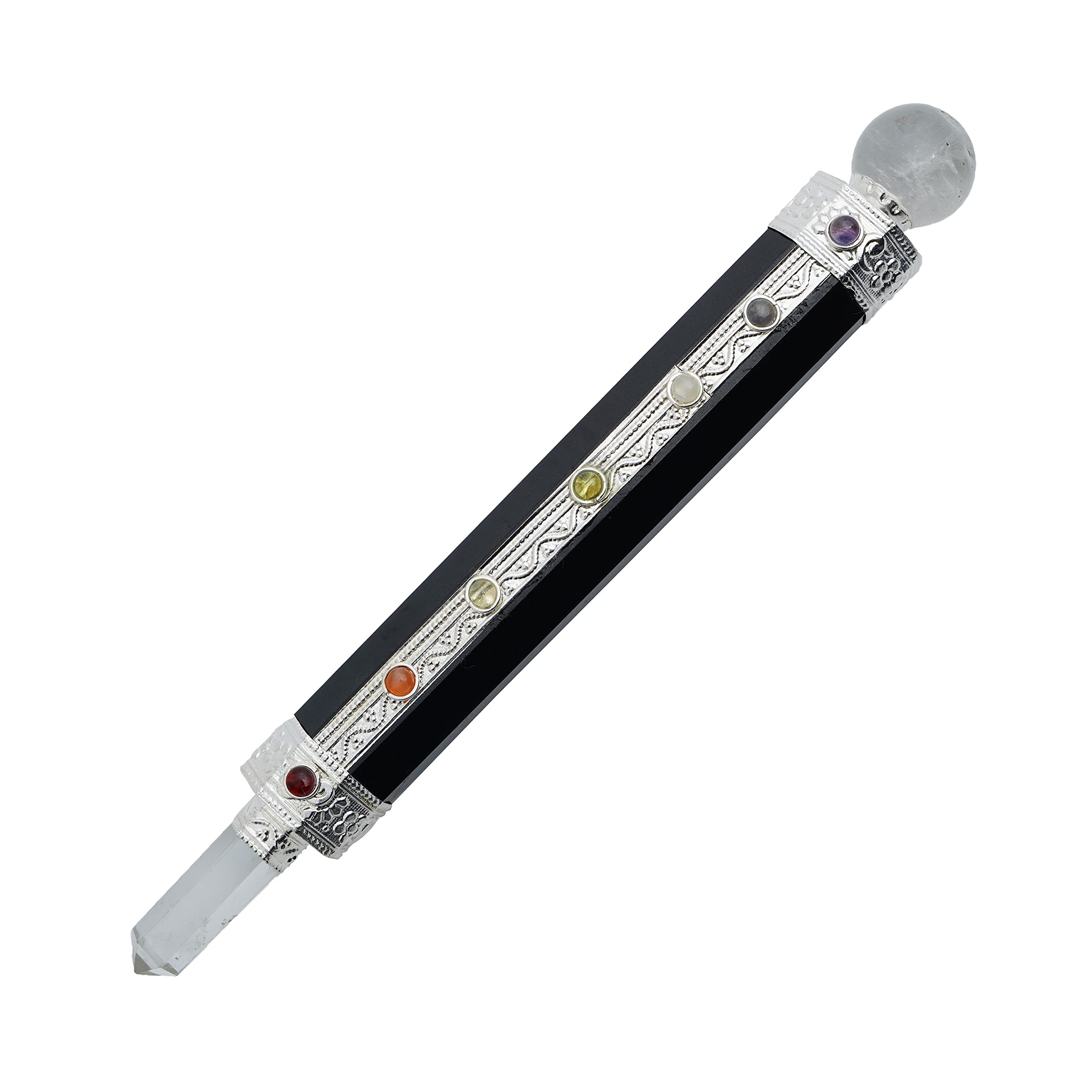 ARHAM CRYSTAL Black Agate Tourmaline 7 Chakra Wand displayed for grounding meditation