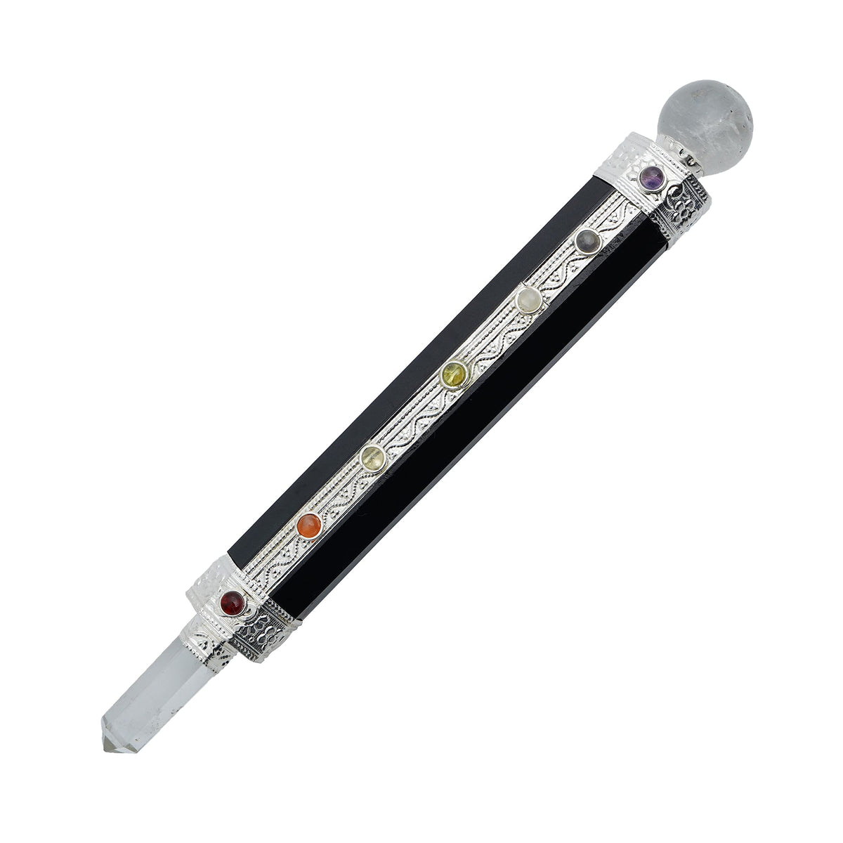 ARHAM CRYSTAL Black Agate Tourmaline 7 Chakra Wand displayed for grounding meditation