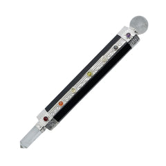 ARHAM CRYSTAL Black Agate Tourmaline 7 Chakra Wand displayed for grounding meditation