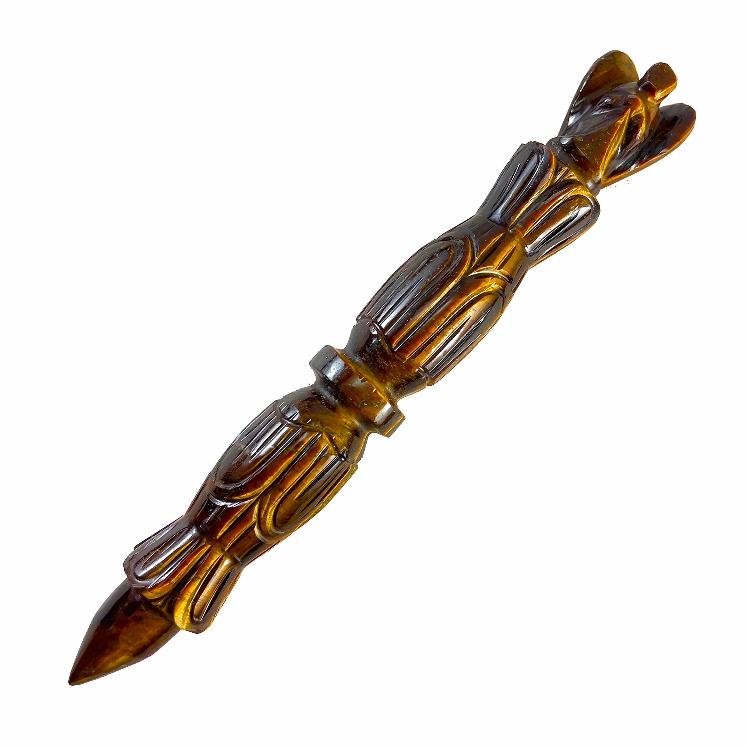 ARHAM CRYSTAL Tiger Eye wand 6-inch held for meditation and chakra balancing.