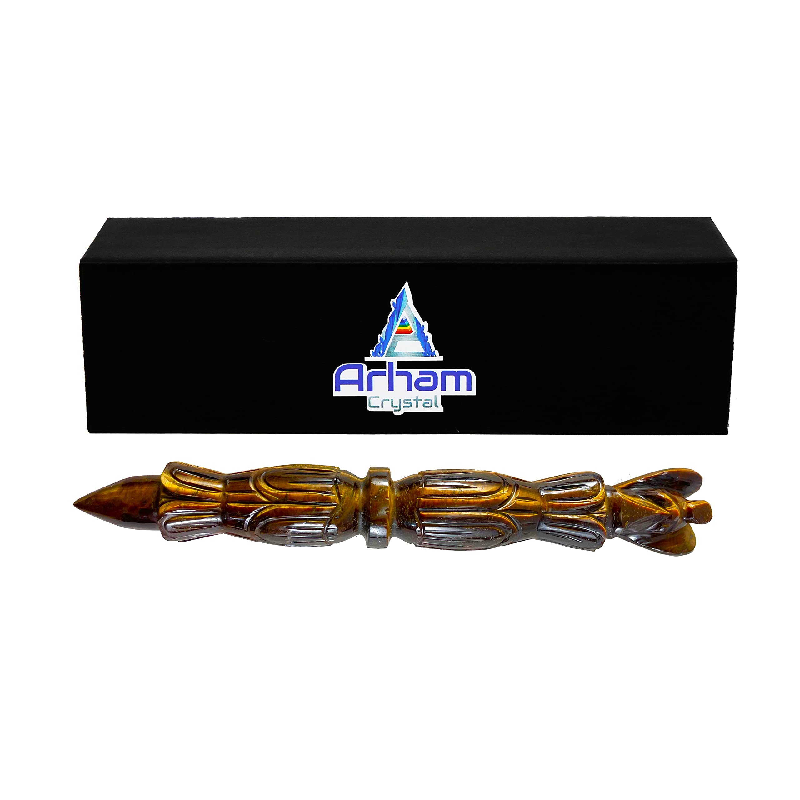 ARHAM CRYSTAL Tiger Eye wand close-up showing hand-carved details for focus.