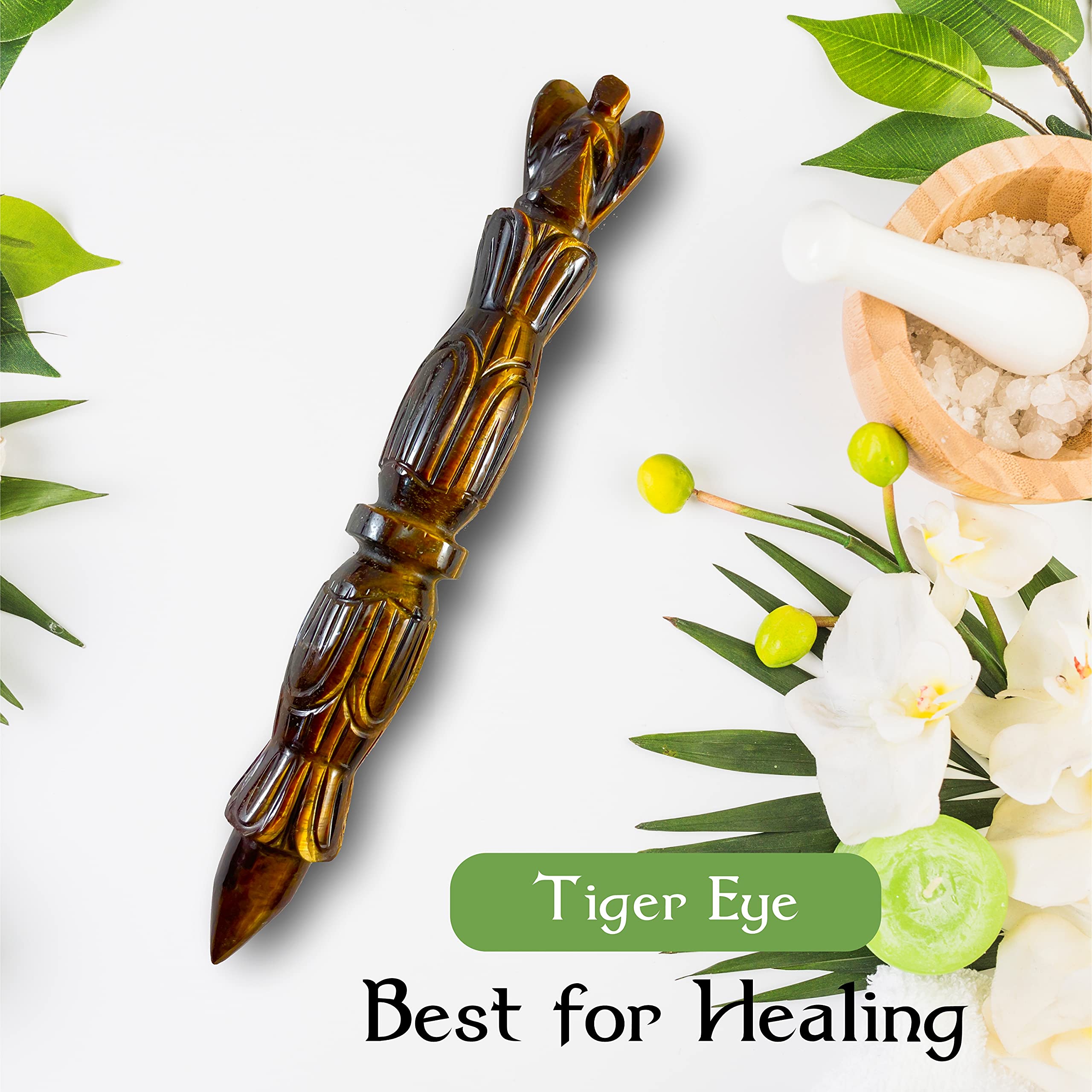 ARHAM CRYSTAL Tiger Eye wand in meditation setup to support chakra alignment.