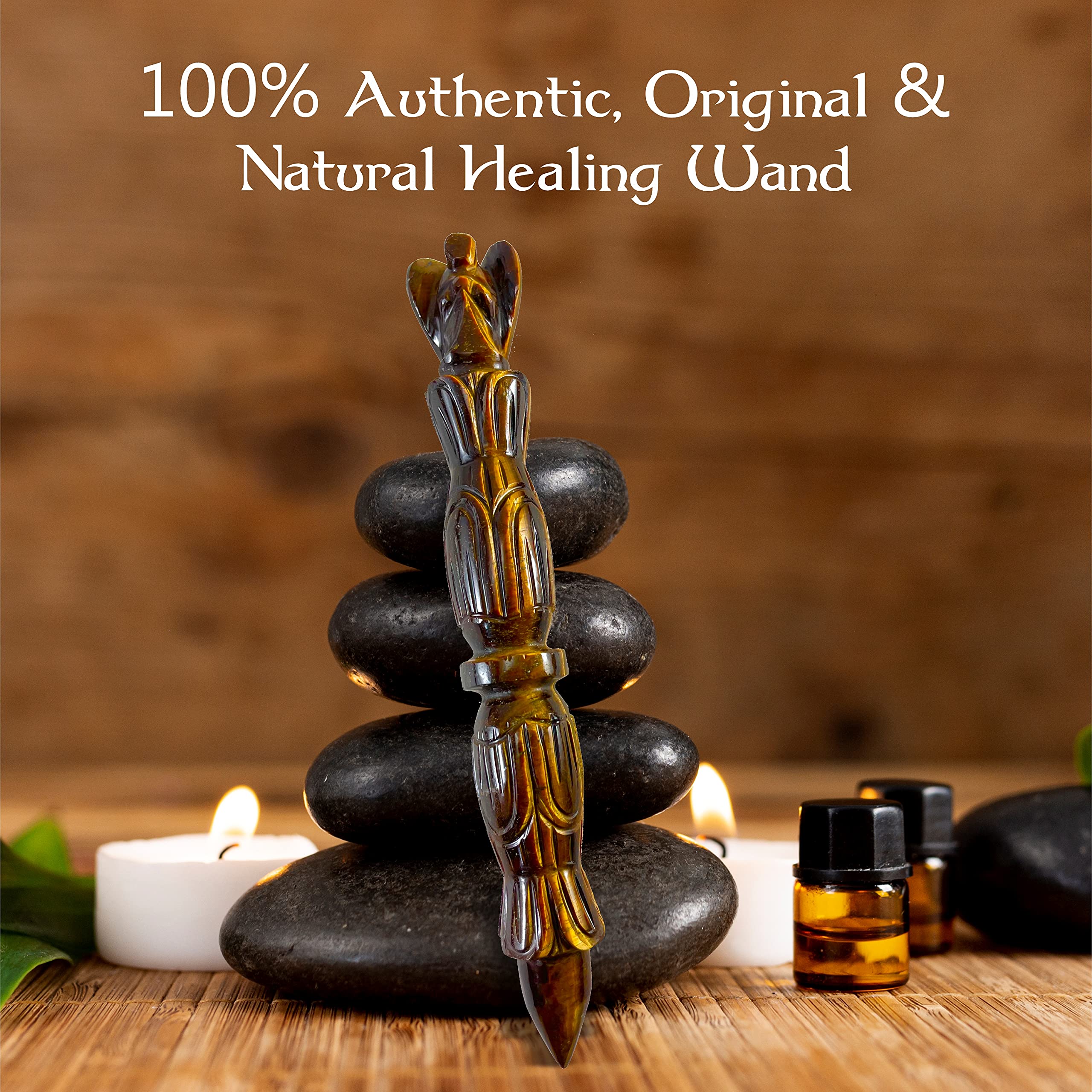 ARHAM CRYSTAL Tiger Eye wand used for Reiki sessions and energy work.