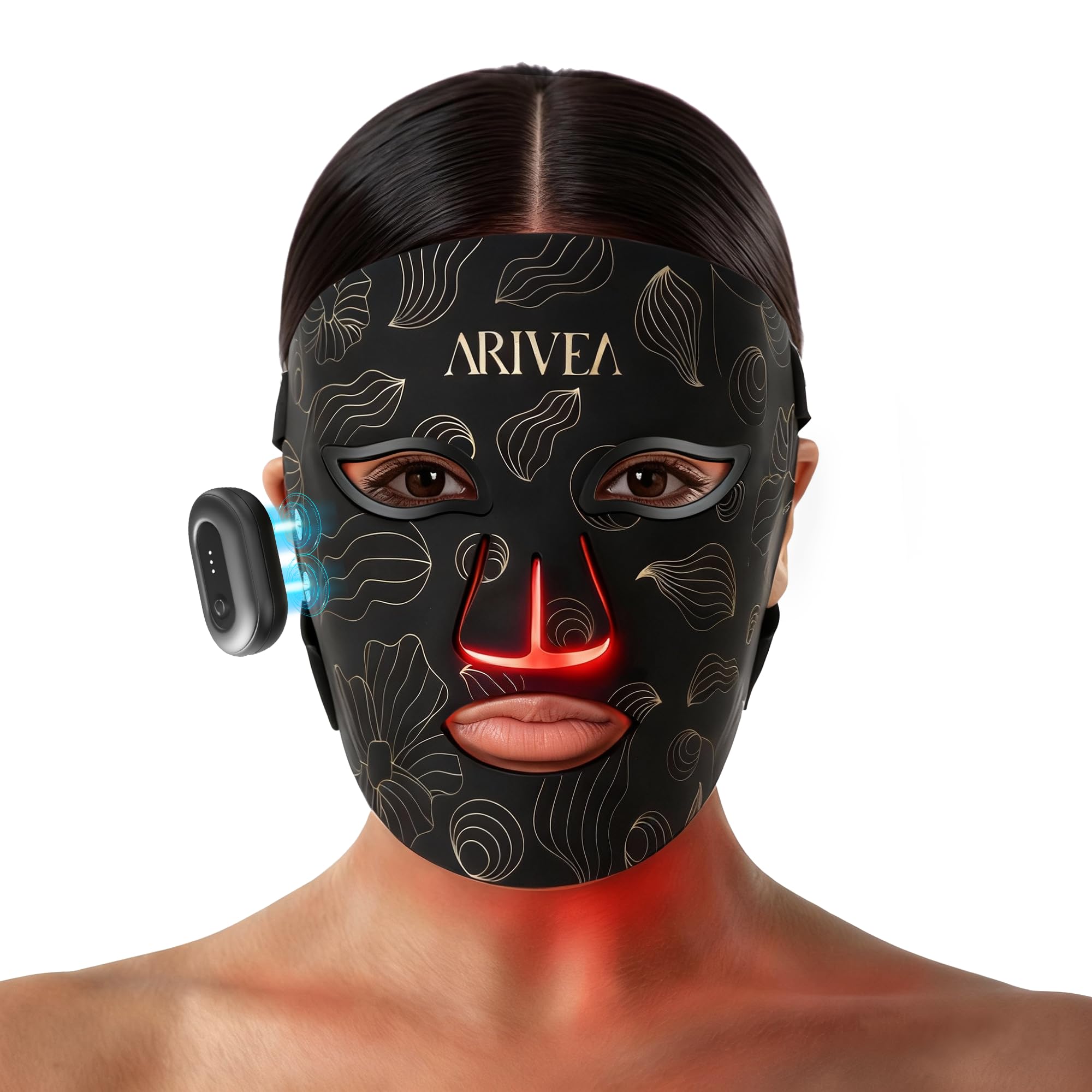 ARIVEA red light therapy mask worn on the face for cordless convenience.