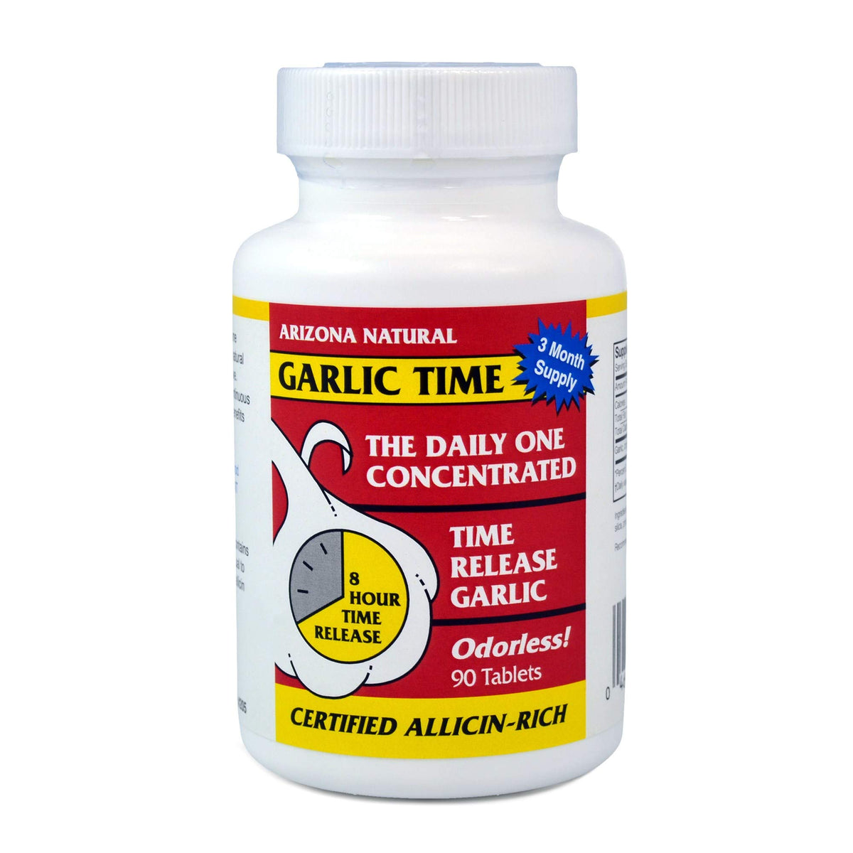 Arizona Natural Garlic Time bottle with odorless, time-release tablets for daily support.